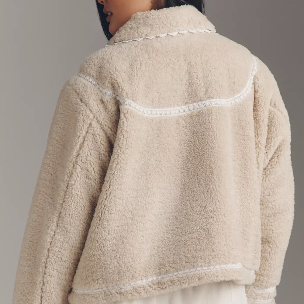 High Rated Anthropologie Sherpa Fleece Lace-Trim Crop Jacket - Picture 2 of 7